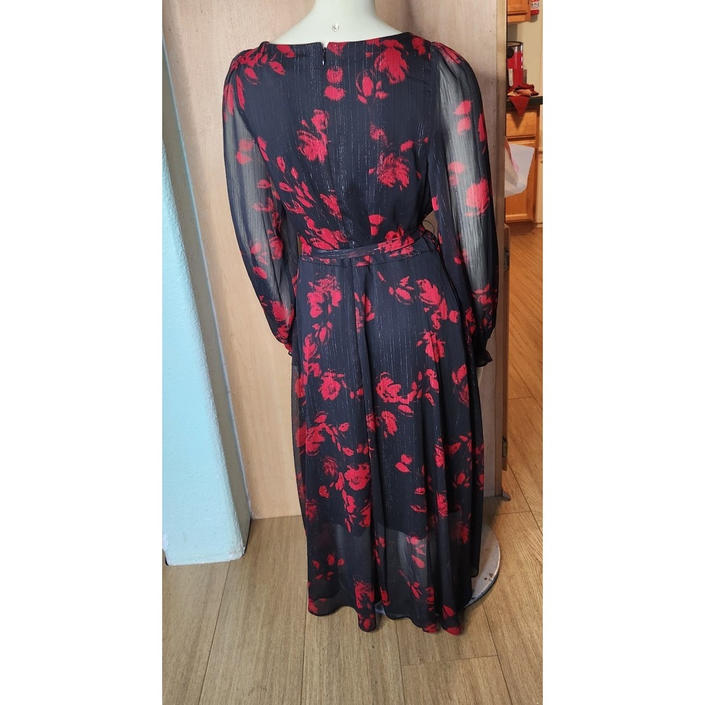 DKNY Black Red Floral Chiffon Wrap Dress V Neck Puff Sleeve Sz 6 Dark Romantic - Picture 4 of 11